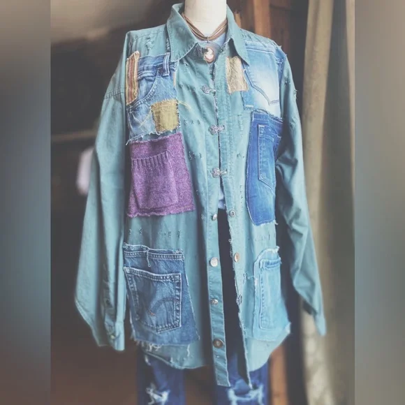 OOAK Custom Patchwork Utility Jacket The Sasha Artisan Reworked XXL - Picture 3 of 15